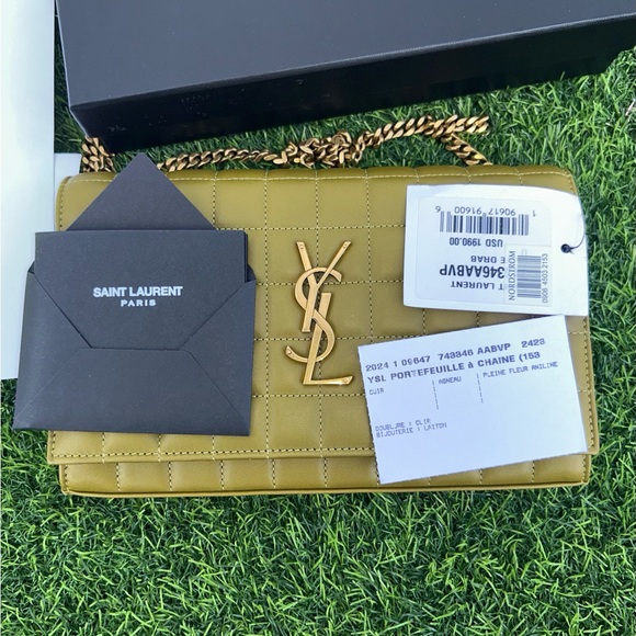 SAINT LAURENT CASSANDRE LARGE WALLET ON CHAIN QUILTED LEATHER GREEN GOLD NEW! - Picture 14 of 16